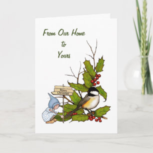 Cartão De Festividades Christmas Holly with Gnome, Chickadee Bird, Art