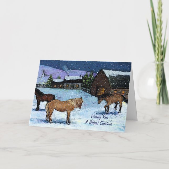 Cartão De Festividades Christmas: Horses, Snow, Painting: Homestead, Farm (Frente)