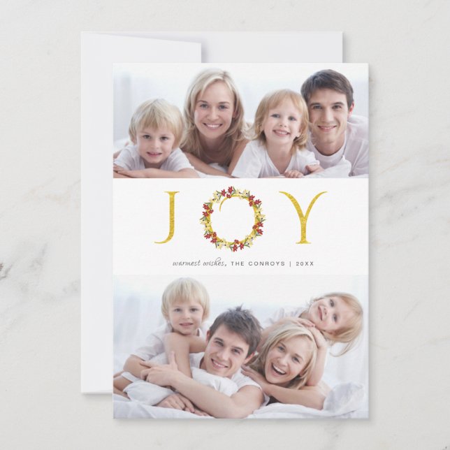 Cartão De Festividades Christmas Joy 2-Photo Gold Faux Foil Holiday (Frente)