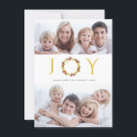 Cartão De Festividades Christmas Joy 2-Photo Gold Faux Foil Holiday<br><div class="desc">Simple but stylish faux-foil holiday card with unique word art floral wreath and retro typography. Festive photo collage format holds up to 4 of your family's favorite pictures. Easily customized to create the layout that works best with your photos, and celebrate the season with greeting cards that reflect your own...</div>