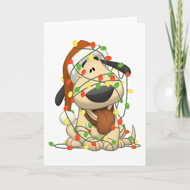 Cartão De Festividades Christmas Lights Funny Puppy Dog (Frente)