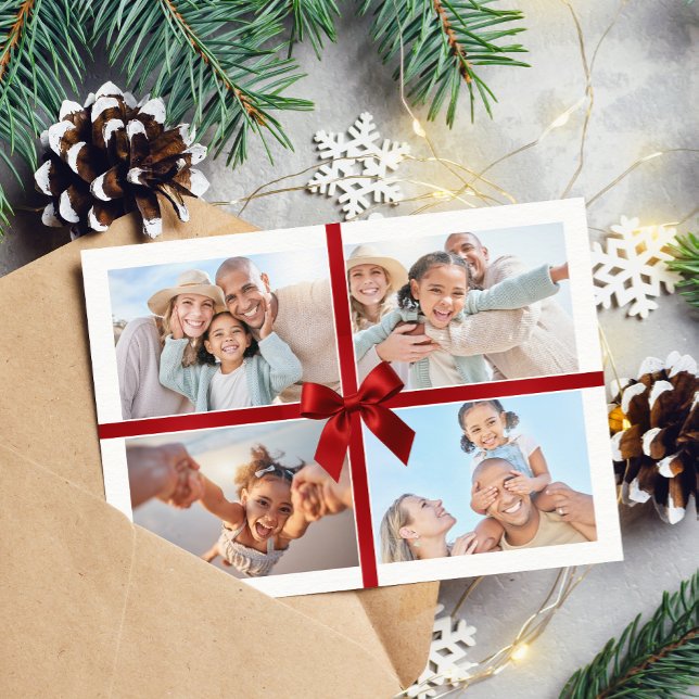 Cartão De Festividades CHRISTMAS MULTI PHOTO modern gift red ribbon bow (Criador carregado)