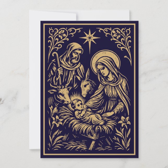 Cartão De Festividades Christmas Nativity in Retro Art Nouveau Woodcut (Frente)