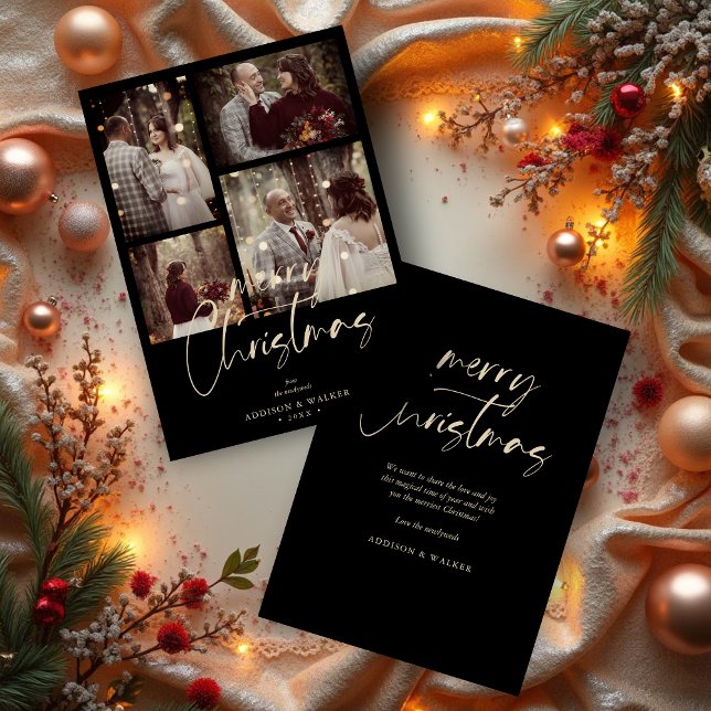 Cartão De Festividades Christmas Newlyweds Black Trendy Collage 4 Photos (Christmas Newlyweds Black Trendy Collage Wedding 4 photos Holiday Cards)