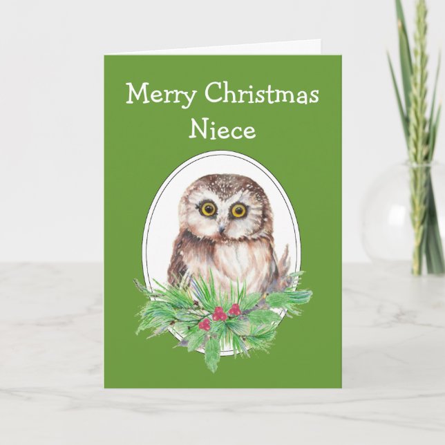Cartão De Festividades Christmas Niece Cute Owl Bird Holly PIne (Frente)
