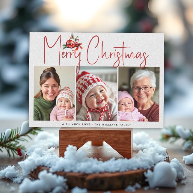 Cartão De Festividades Christmas ornament and red bow three photo collage (Criador carregado)