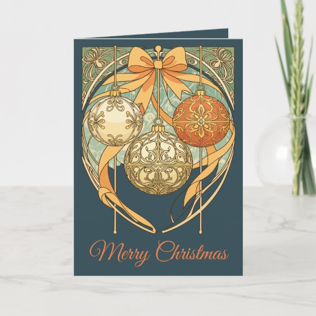 Cartão De Festividades Christmas Ornament Red Orange Beige Art Nouveau (Frente)