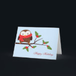 Cartão De Festividades Christmas Owl Custom Greeting Cards<br><div class="desc">Adorable illustration of a cartoon brown owl wearing a red polka dot scarf,  perched on a tree branch on a blue snowy background.</div>