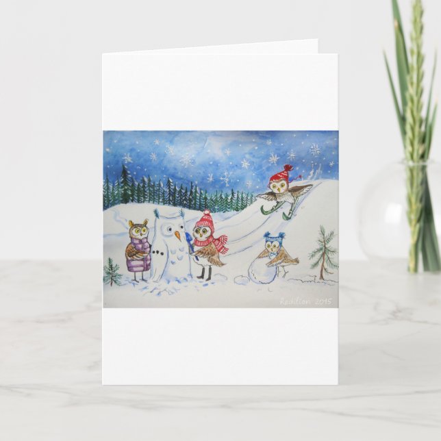 Cartão De Festividades Christmas owls playing in snow (Frente)
