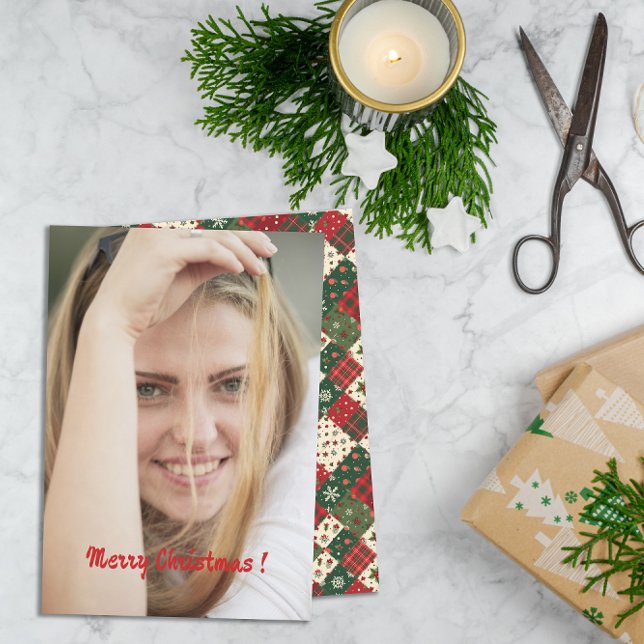 Cartão De Festividades Christmas patchwork pattern photo wishes (Criador carregado)