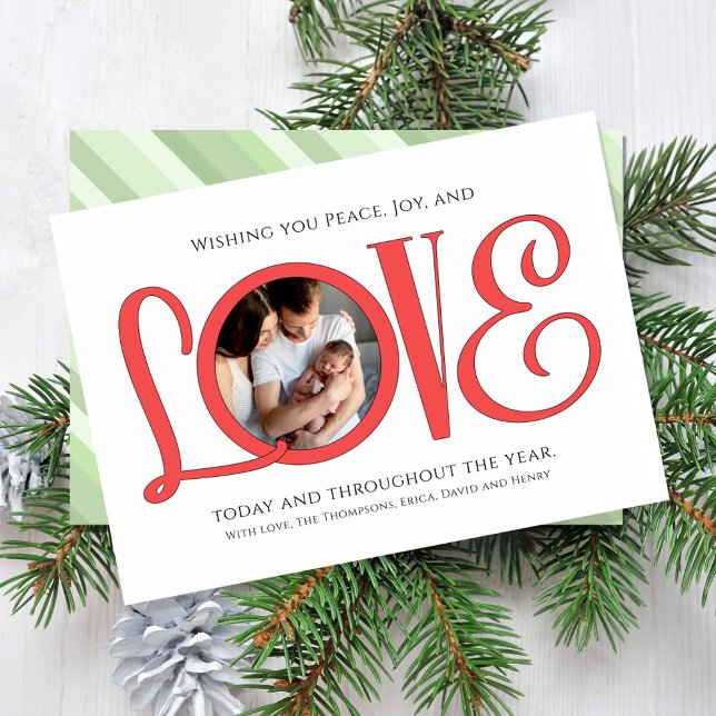 Cartão De Festividades Christmas Peace Joy and Love Cute Modern Photo (Christmas holiday "Love" typography greeting card with photo template. )