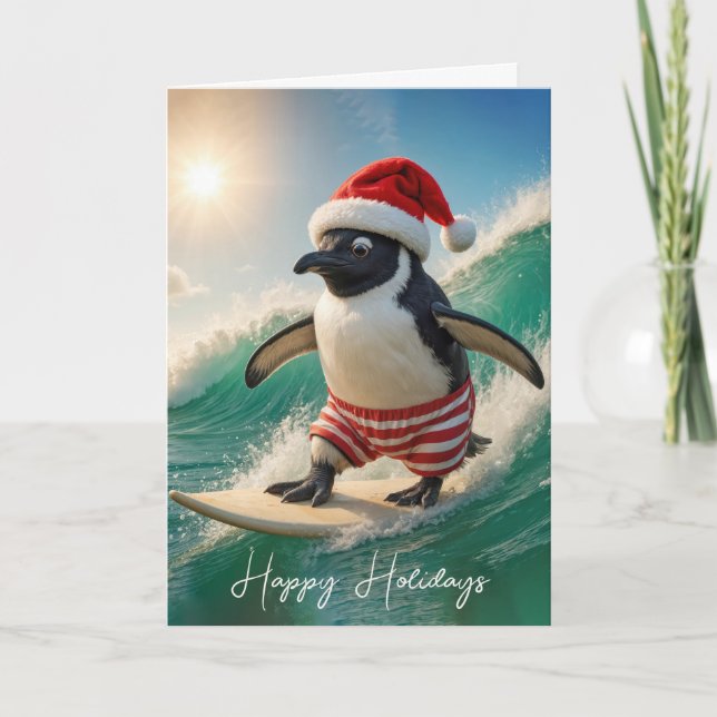 Cartão De Festividades Christmas Penguin Surfing On a Wave (Frente)