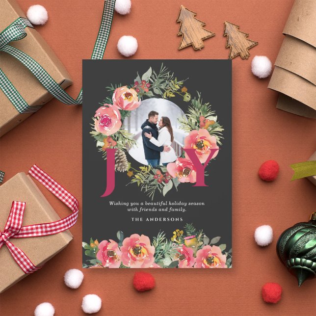 Cartão De Festividades Christmas Photo Black Joy Floral Wreath Botanical  (Criador carregado)