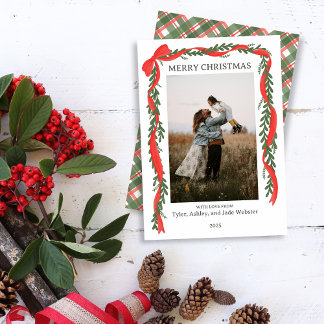 Cartão De Festividades Christmas Photo Card - Classic Red Bow & Greenery
