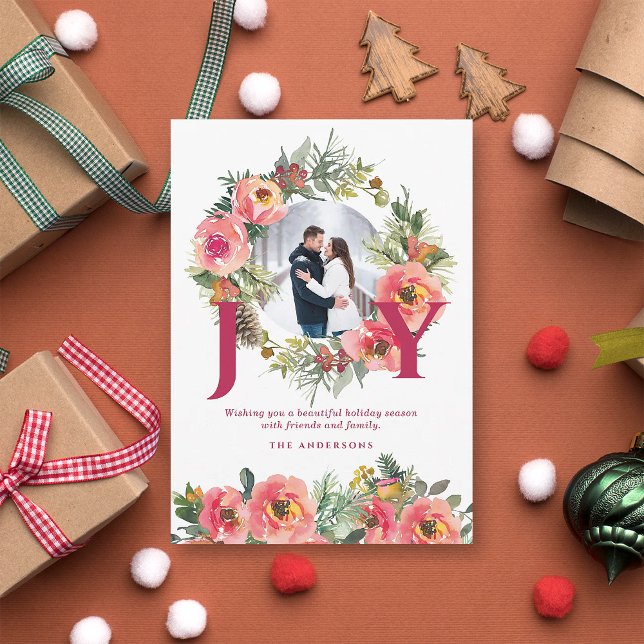 Cartão De Festividades Christmas Photo White Joy Floral Wreath Botanical  (Criador carregado)