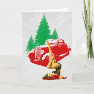Cartão De Festividades Christmas Pin-Up Girl and Classic Car