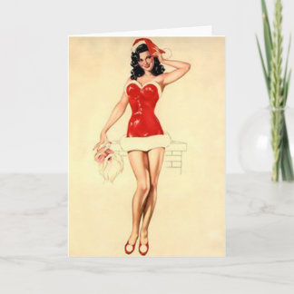 Cartão De Festividades Christmas Pin-Up Girl and Classic Santa