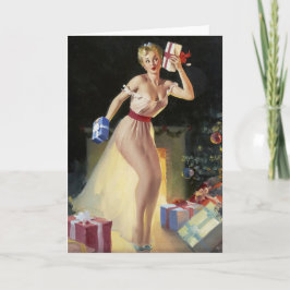 Cartão De Festividades Christmas Pin-Up Girl checking out the Gifts Card