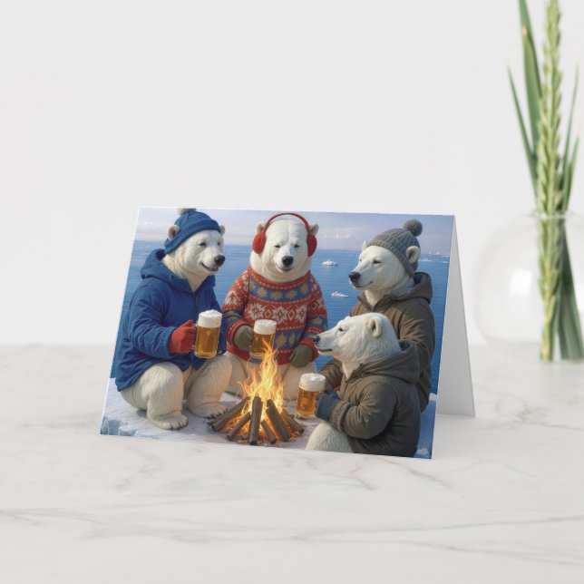 Cartão De Festividades Christmas Polar Bears Drinking Around a Campfire (Frente)