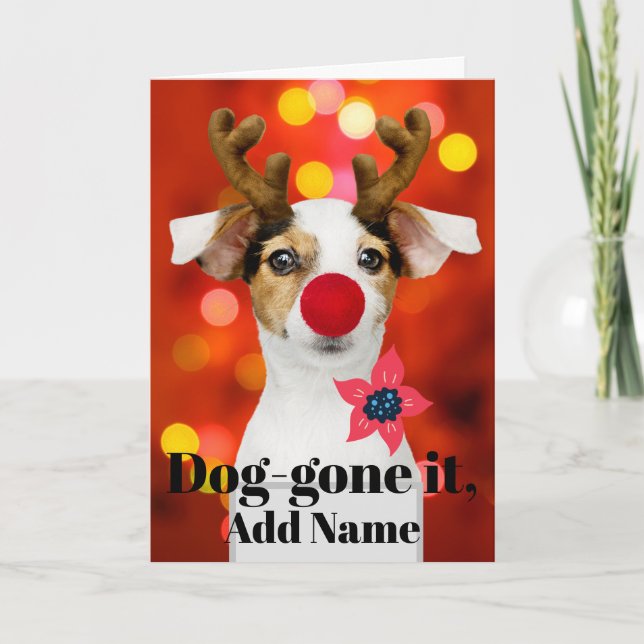 Cartão De Festividades Christmas Pup Antlers Add Name Holiday Card (Frente)