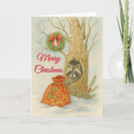 Cartão De Festividades Christmas Raccoon Watercolor Kids