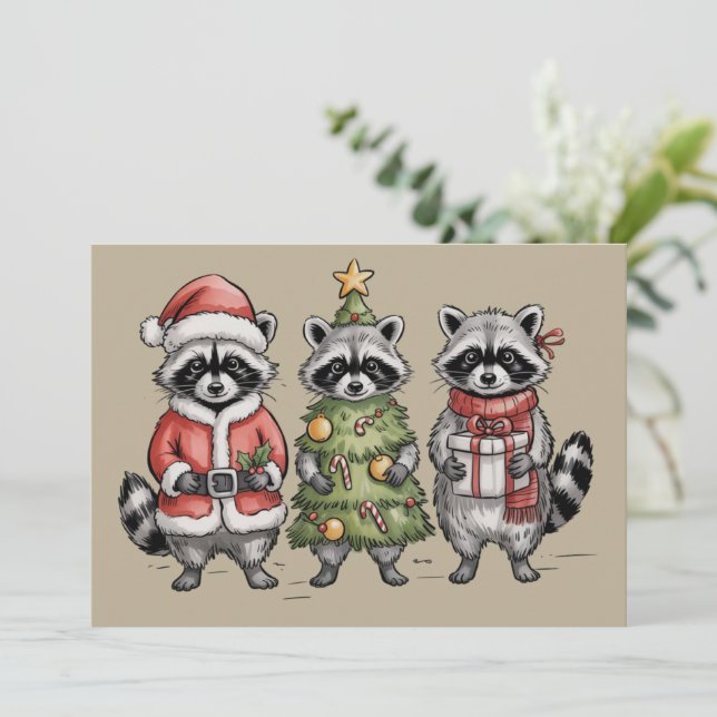 Cartão De Festividades Christmas Raccoons Woodland Trio Santa Tree Animal (Em pé/Frente)