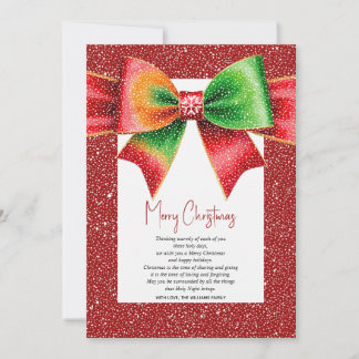 Cartão De Festividades Christmas red and green bow and snowflakes