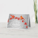 Cartão De Festividades Christmas Red Cardinal Birds Faux Silver<br><div class="desc">This elegant Christmas card features red cardinals on a faux silver background. The words "Merry Christmas" decorate the front of the card in white script typography. Inside is a greeting and signature for you to personalize on faux silver background. Designed by world renowned artist ©Tim Coffey.</div>