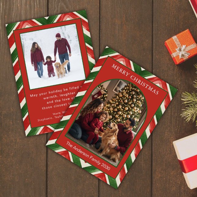 Cartão De Festividades Christmas Red Green Chevron Arch Photo (Criador carregado)