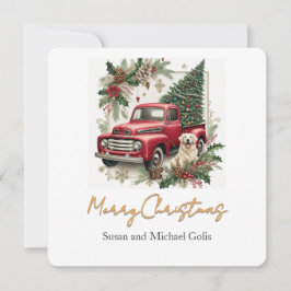 Cartão De Festividades Christmas Red Truck with Greenery Gold Font