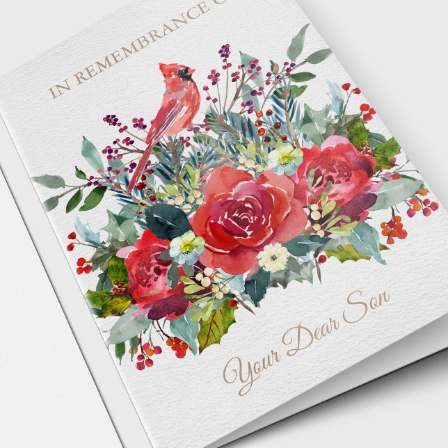 Cartão De Festividades Christmas Remembrance Card | Dear Son (Christmas Watercolor Florals and Cardinal 'In Remembrance of Your Dear Son' Sympathy Card)