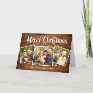 Cartão De Festividades Christmas Rustic Brown Wood 4 PHOTO Greeting
