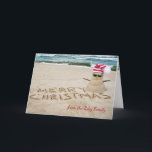 Cartão De Festividades Christmas sandy snowman on beach<br><div class="desc">cute sandy snowman on tropical beach with Merry Christmas greeting in beach sand</div>