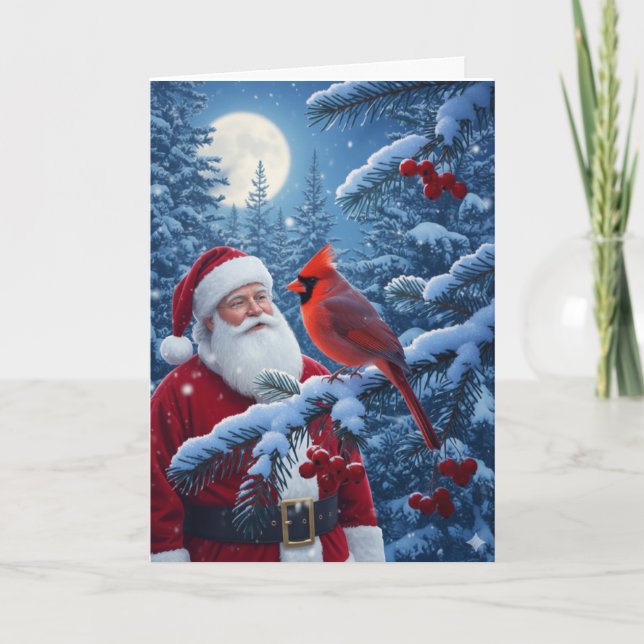 Cartão De Festividades Christmas Santa Claus with Cardinal in Snowy Tree (Frente)