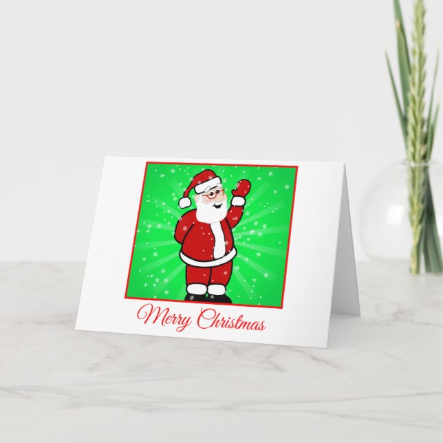 Cartão De Festividades Christmas Santa in Red Suit Green Background Snow (Frente)
