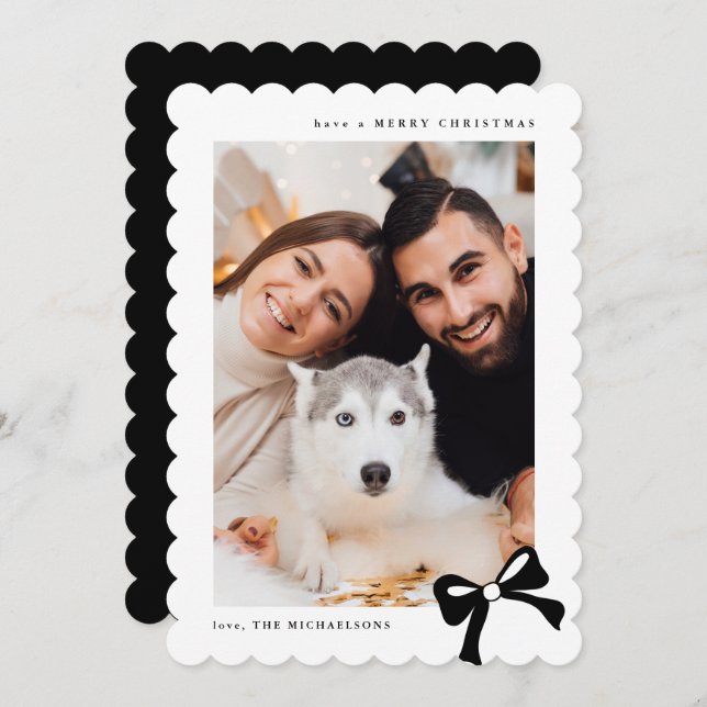 Cartão De Festividades Christmas Simple Bow Black and White Photo (Frente/Verso)