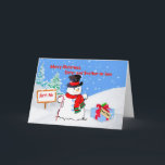 Cartão De Festividades Christmas, Sister and Brother-in-law, Snowman<br><div class="desc">A smiling happy snowman wearing his top hat and bright red and green scarf, stands among the falling snow while a gaily wrapped Christmas present lies near him in the snow. A sign proclaiming that it is the North Pole is seen as well as snow covered trees. Feel free to...</div>