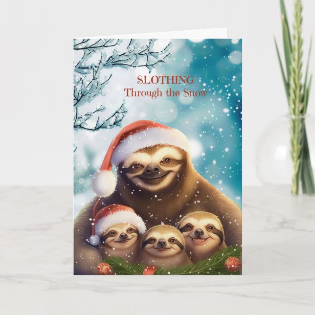 Cartão De Festividades Christmas Sloth with Sloth Babies in Snow (Frente)