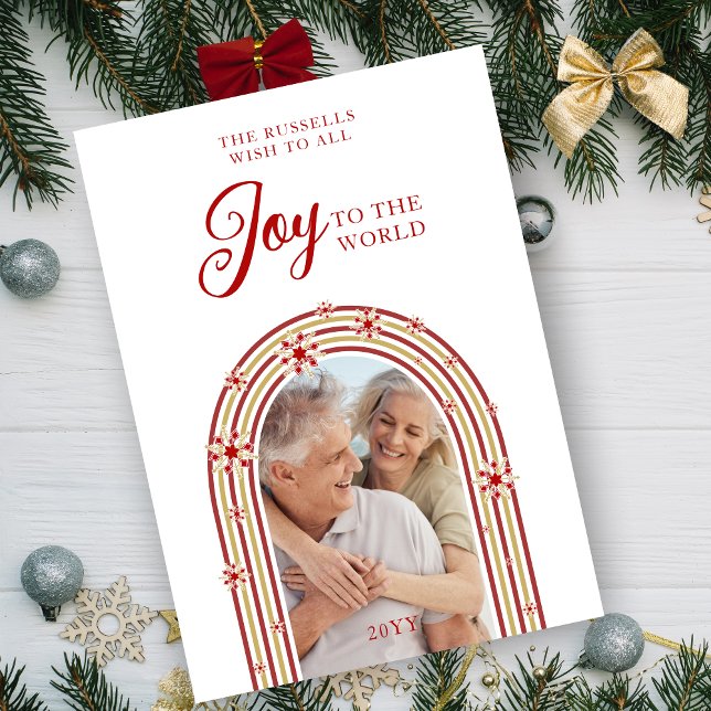 Cartão De Festividades Christmas Snowflakes Joy To The World Arch Photo (Christmas Snowflakes Joy To The World Quote Dome Arch in Red and Fake Gold Photo Holiday Card.)