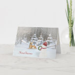 Cartão De Festividades Christmas snowman and deer in winter woods<br><div class="desc">snowman and deer in winter woods with Christmas decorations and snowflakes</div>