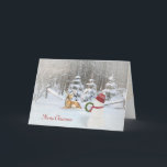 Cartão De Festividades Christmas snowman and deer in winter woods<br><div class="desc">snowman and deer in winter woods with Christmas decorations and snowflakes</div>