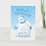 Cartão De Festividades Christmas Snowman Season's Greeting Card<br><div class="desc">Cute little snowman in a flurry of pretty snowflakes give a special touch to this holiday greeting card design.  Template includes a place for name on front and verse inside card.   Original art and design by Anura Design Studio.</div>