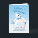 Cartão De Festividades Christmas Snowman Season's Greeting Card<br><div class="desc">Cute little snowman in a flurry of pretty snowflakes give a special touch to this holiday greeting card design.  Template includes a place for name on front and verse inside card.   Original art and design by Anura Design Studio.</div>