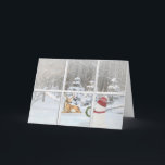 Cartão De Festividades Christmas snowman with deer in windowpane<br><div class="desc">snowman and deer in winter woods with Christmas ornaments</div>