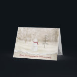 Cartão De Festividades Christmas snowman with gold star from family<br><div class="desc">Snowman in the woods with gold star for pine tree from family.
Family name can be customized.</div>
