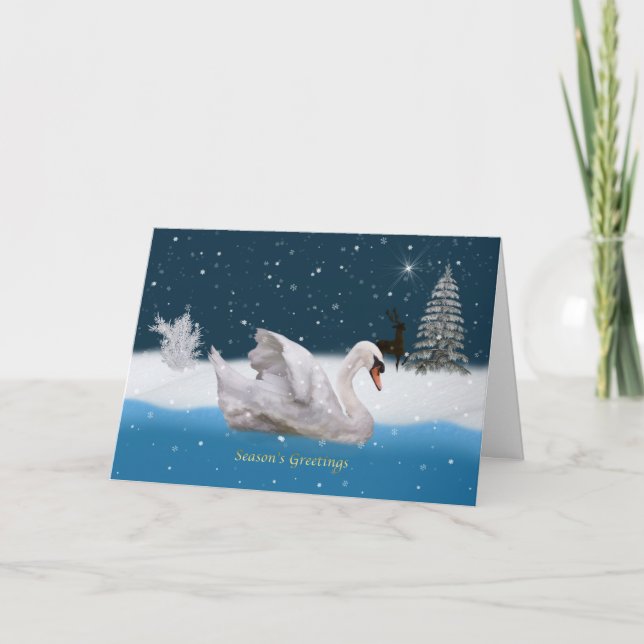Cartão De Festividades Christmas, Snowy Night with A Swan on a Lake (Frente)
