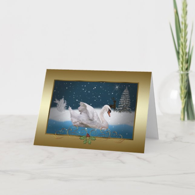 Cartão De Festividades Christmas, Snowy Night with A Swan on a Lake (Frente)