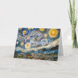 Cartão De Festividades Christmas Starry Night Vincent Van Gogh repainted<br><div class="desc">Merry Christmas Starry Night Vincent Van Gogh repainted. The beautiful painting "Starry Night" repainted after Vincent van Gogh without the cypress tree with the village of St Remy and a colorful night sky with stars, moon and swirls and fully customizable text "Merry Christmas" and inside text. This great repainted Van...</div>