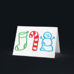 Cartão De Festividades Christmas Stocking Candy Cane and Snowman<br><div class="desc">Celebrate the holidays with these kid drawn stocking,  candy cane and snowman Christmas icons. Thank you for looking at Happy Foods Design. Berenice Limon ©.  www.zazzle.com/kitteh03 for more designs!</div>