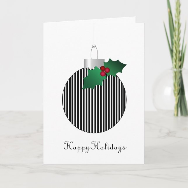 Cartão De Festividades Christmas Striped Bulb Holly Black & White Bauble (Frente)